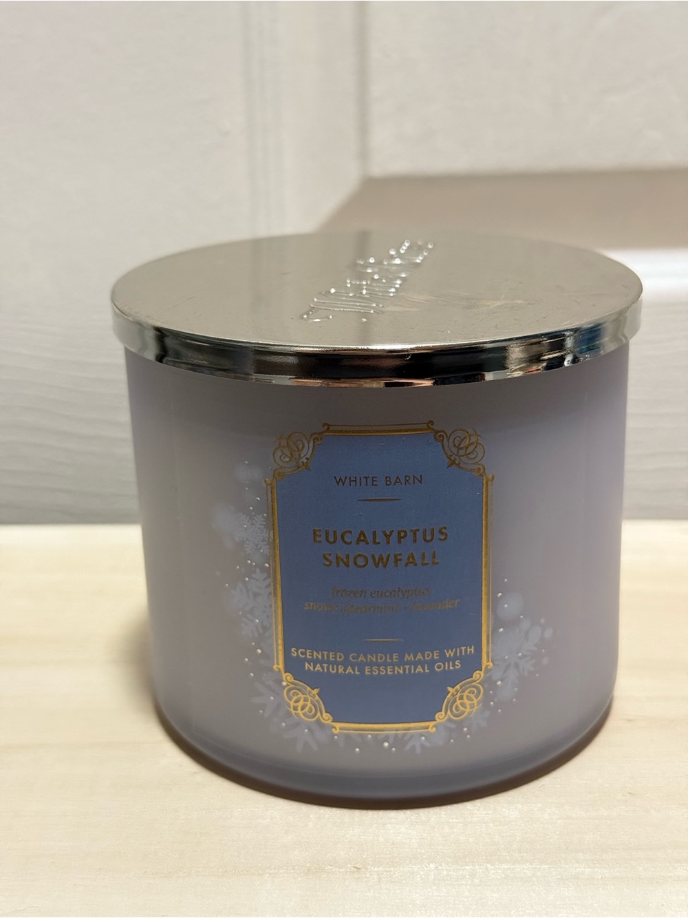 White Barn Eucalyptus Snowfall Candle - Light Lavender and Silver Lid